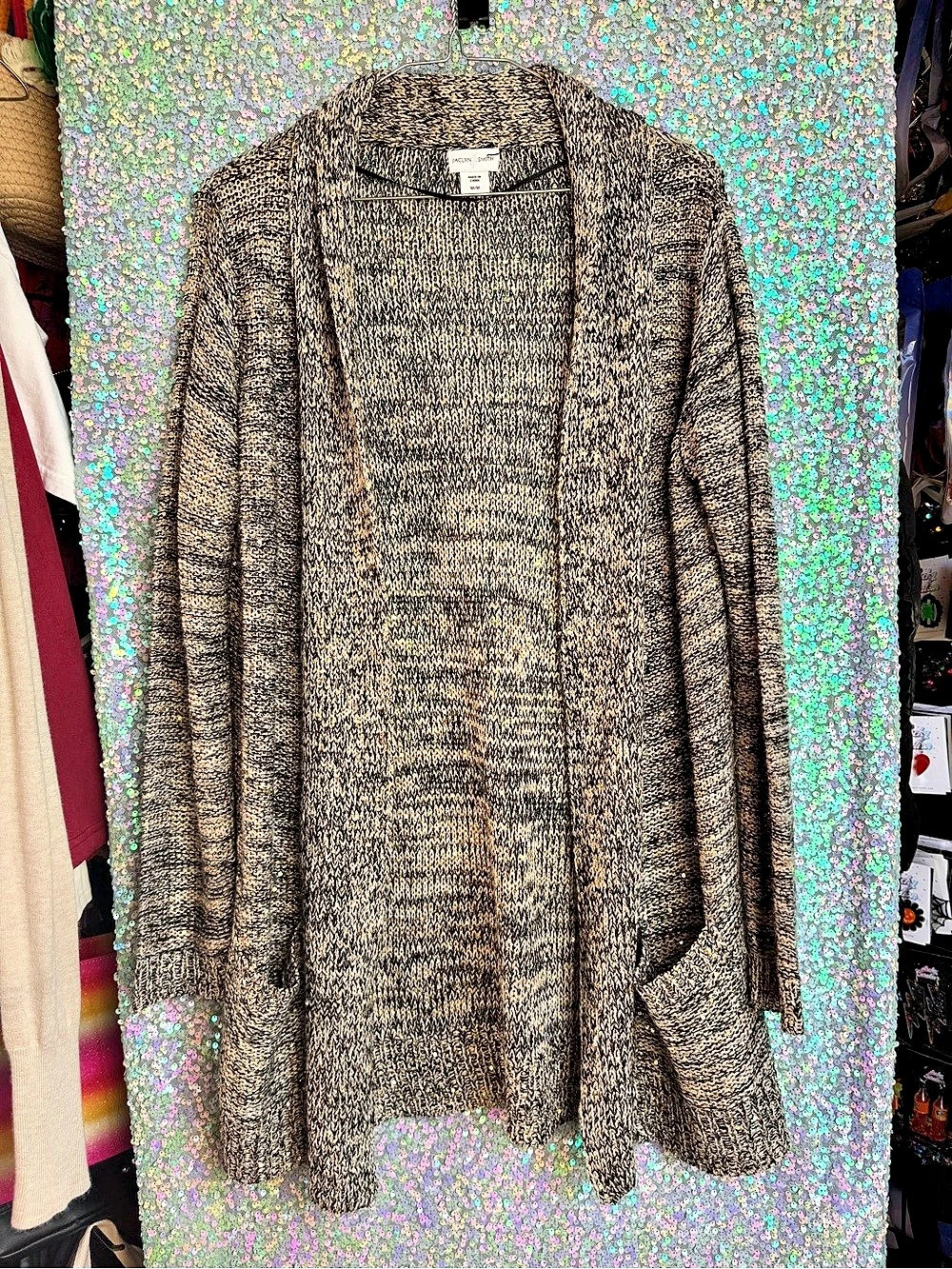 Jaclyn Smith Gold Tan & Black Sequin Knit Open Front Cardigan